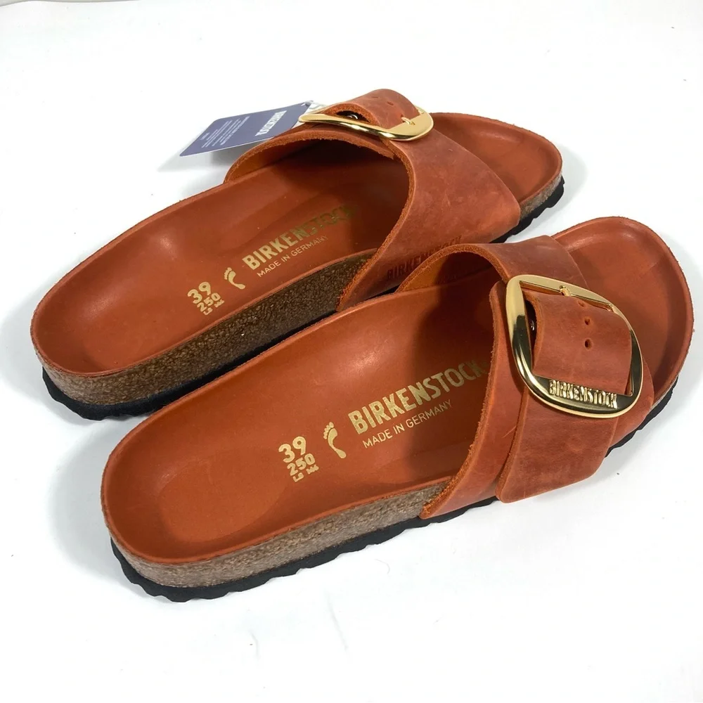 Birkenstock Madrid Big Buckle Slide Sandals Oiled Leather Burnt Orange NEW - Picture 16 of 17